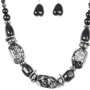 Black and Silver Speckled Bead Necklace & Earring Set